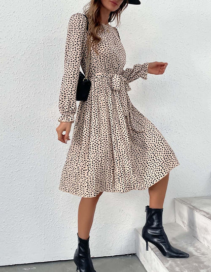 Leopard Round Neck Belted Long Sleeve Midi A-Line Dresses