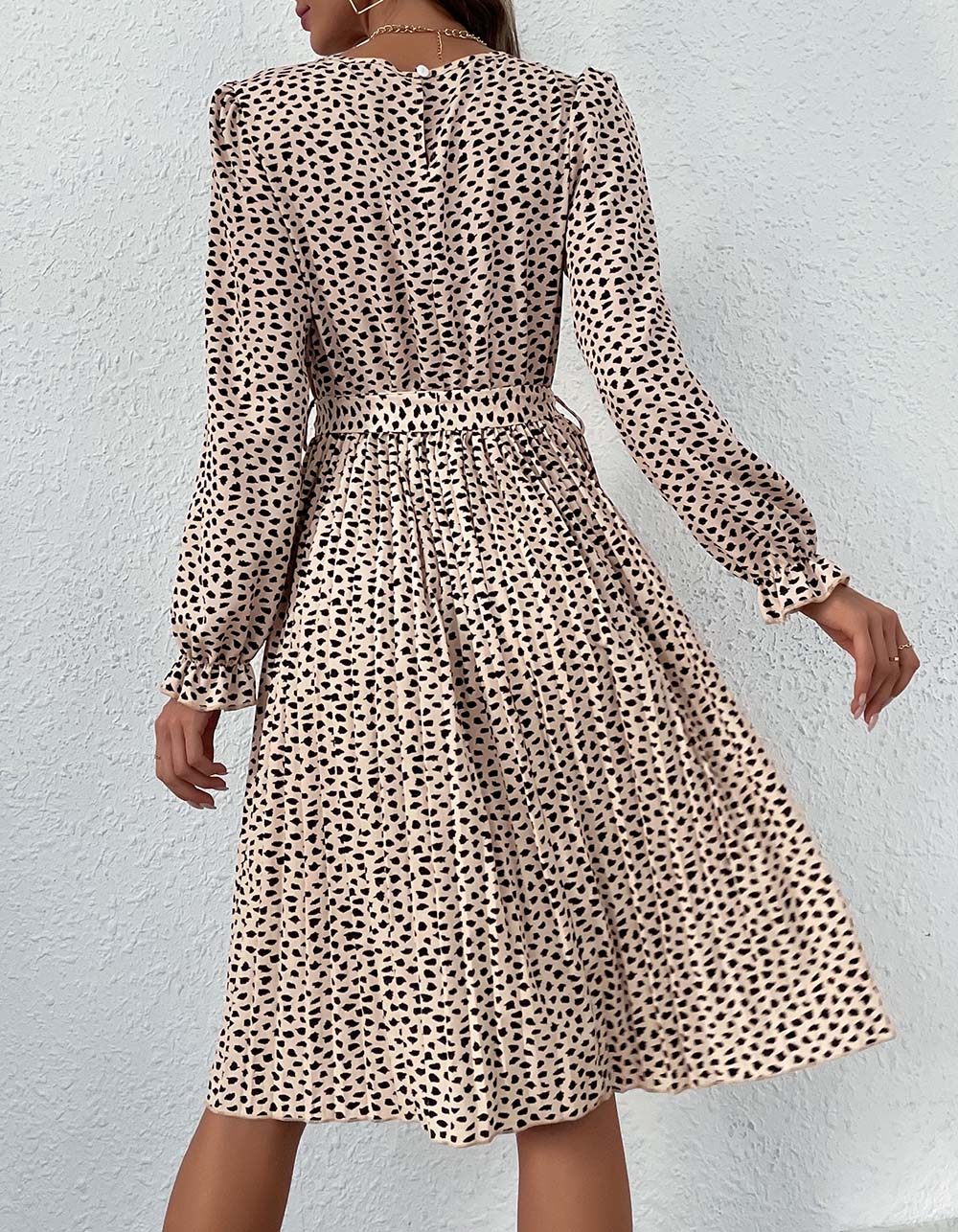 Leopard Round Neck Belted Long Sleeve Midi A-Line Dresses