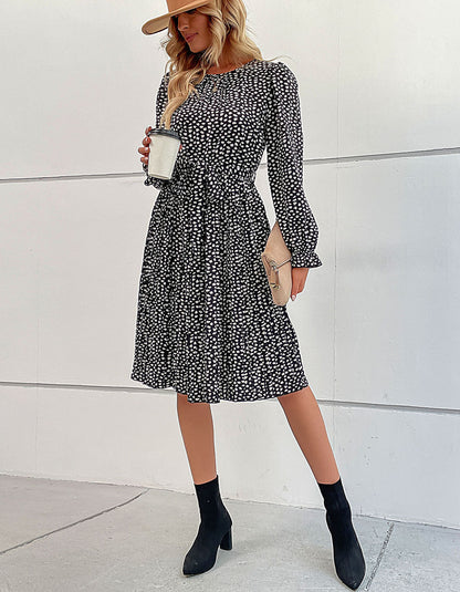 Leopard Round Neck Belted Long Sleeve Midi A-Line Dresses