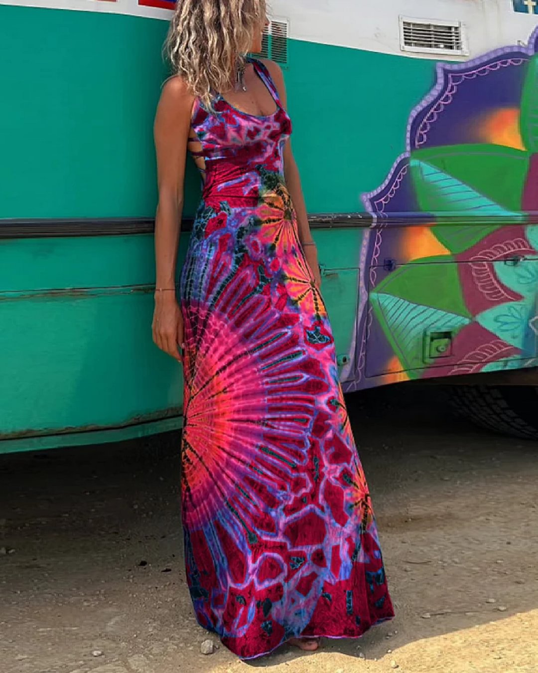 LAYIAH - LACE UP TIE DYE PRINT MAXI DRESS