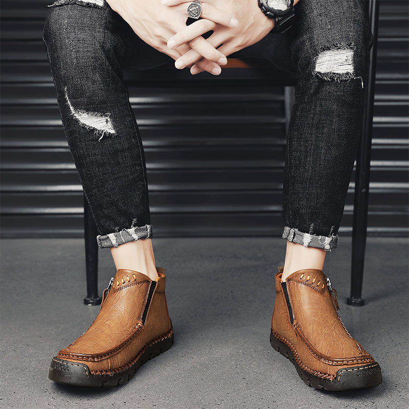 (⏰Last Day 70% OFF🔥)Men's Top-Quality Motorcycle Boots Hand-Stitched Genuine Leather Boots-Wide Toe, Waterproof， Anti-Slip， Anti-Sprain，Suitable for Work, Driving, Hiking