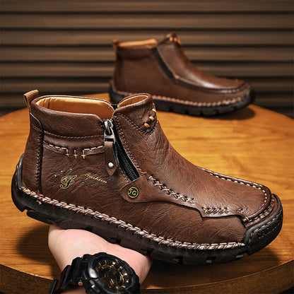 (⏰Last Day 70% OFF🔥)Men's Top-Quality Motorcycle Boots Hand-Stitched Genuine Leather Boots-Wide Toe, Waterproof， Anti-Slip， Anti-Sprain，Suitable for Work, Driving, Hiking