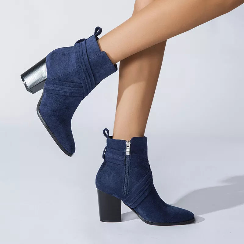 WOMEN'S SIDE ZIPPER CHUNKY HEELED ANKLE BOOTS