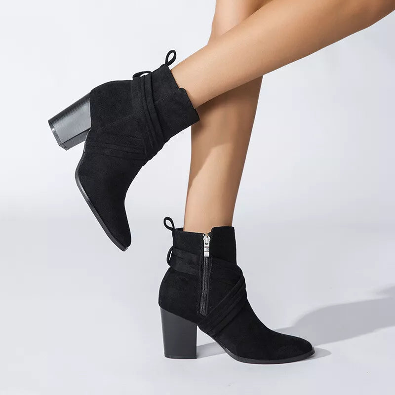 WOMEN'S SIDE ZIPPER CHUNKY HEELED ANKLE BOOTS