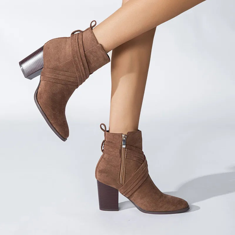 WOMEN'S SIDE ZIPPER CHUNKY HEELED ANKLE BOOTS