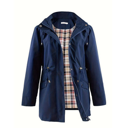 Long Hooded Drawstring Waist-Cinching Zipper Windbreaker