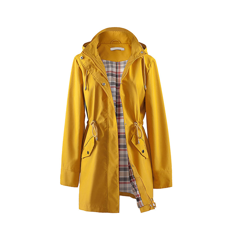 Long Hooded Drawstring Waist-Cinching Zipper Windbreaker