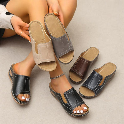 Women's Casual Summer Daily Comfort Slip On Solid Color Leather Sandals