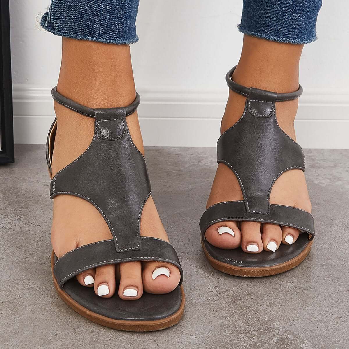 Casual T-Strap Low Wedge Sandals Back Zipper Ankle Strap Shoes