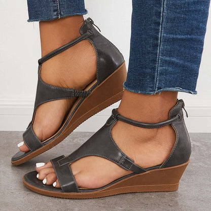 Casual T-Strap Low Wedge Sandals Back Zipper Ankle Strap Shoes