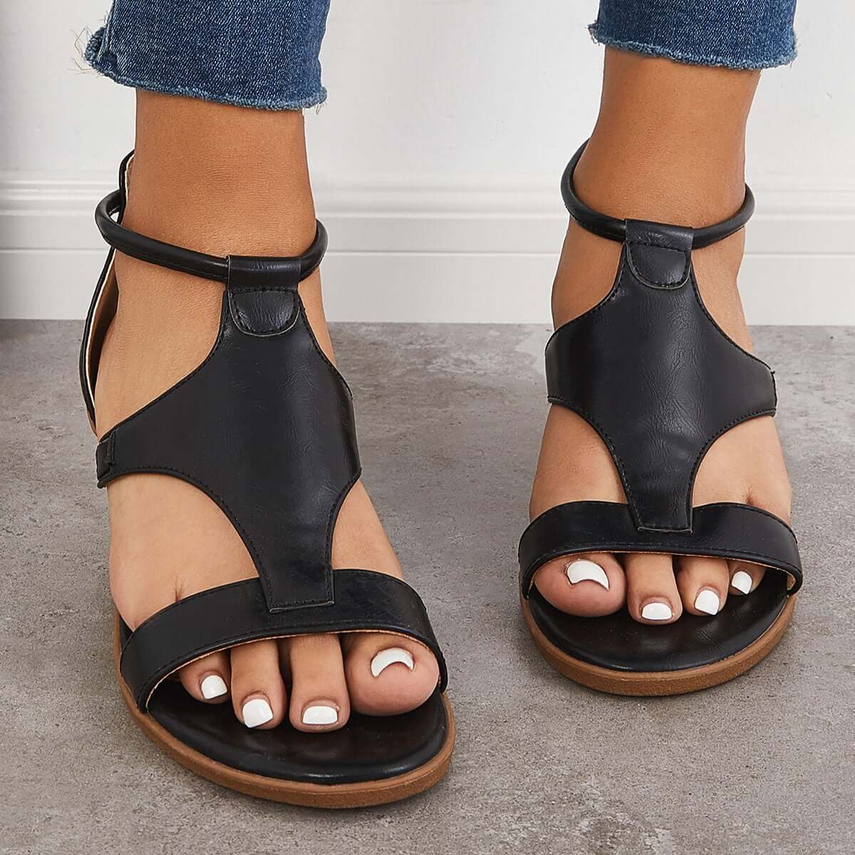 Casual T-Strap Low Wedge Sandals Back Zipper Ankle Strap Shoes