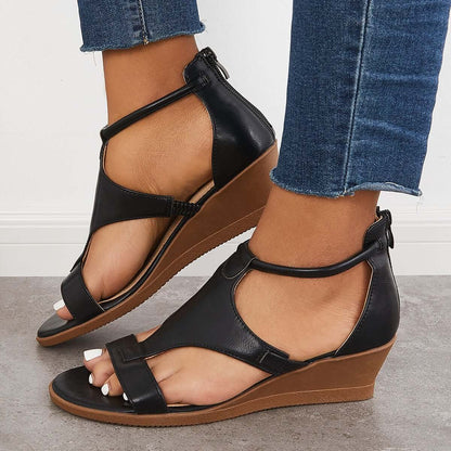 Casual T-Strap Low Wedge Sandals Back Zipper Ankle Strap Shoes