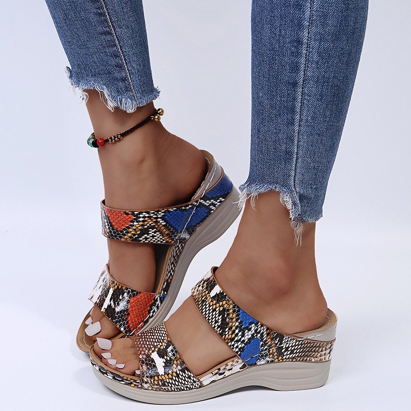 New Leopard Print Leather Wedge Soft Sole Sandals