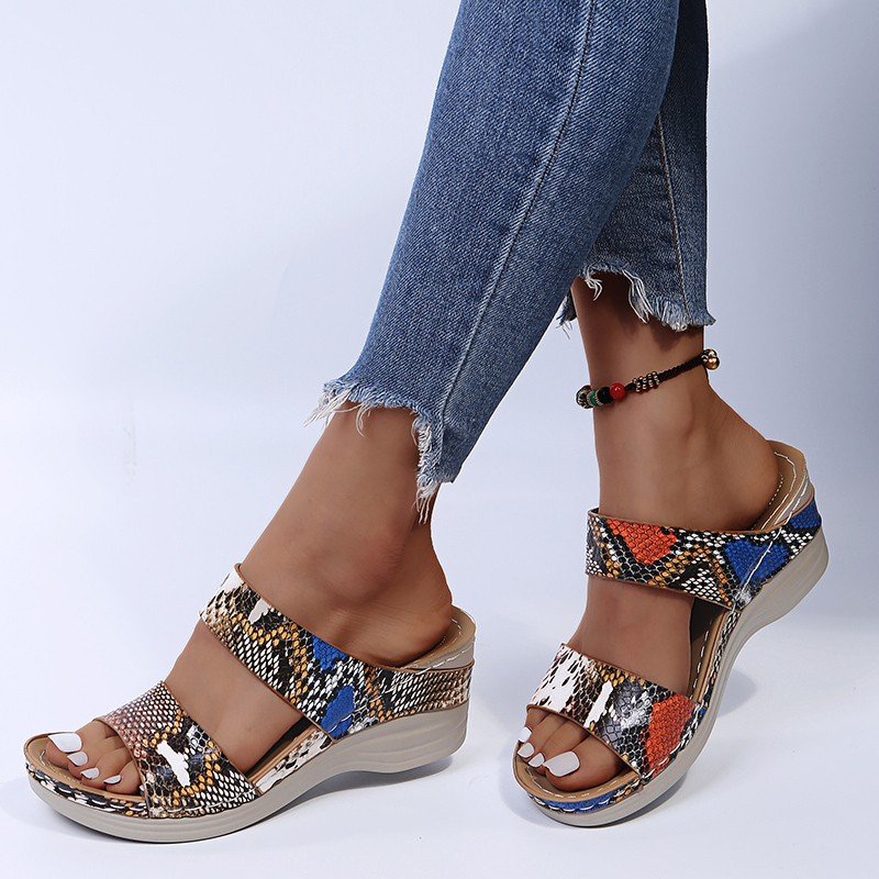 New Leopard Print Leather Wedge Soft Sole Sandals