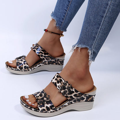 New Leopard Print Leather Wedge Soft Sole Sandals