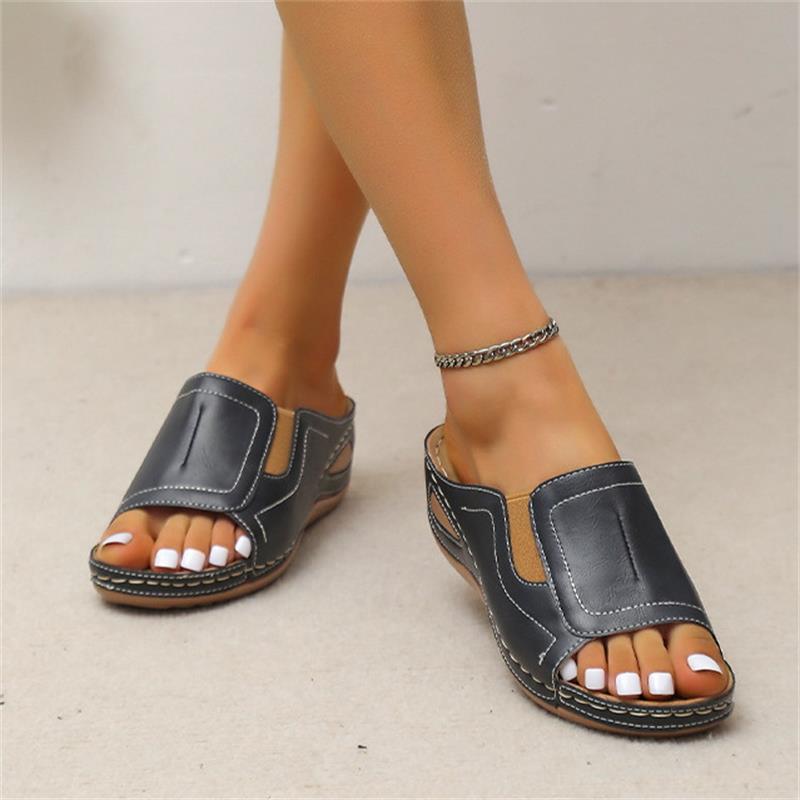 Women's Casual Summer Daily Comfort Slip On Solid Color Leather Sandals