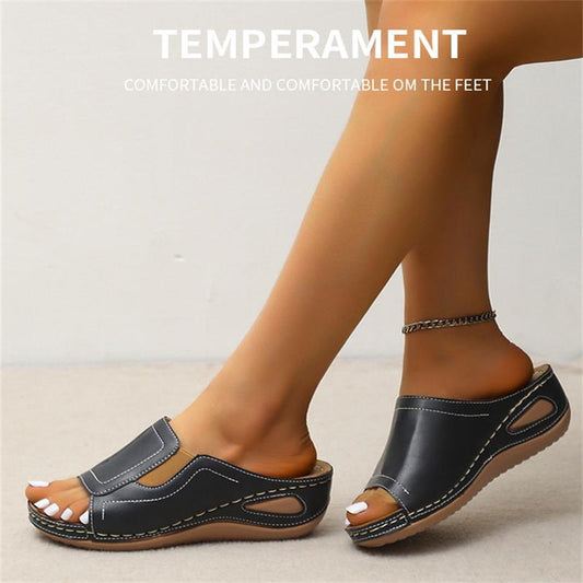 Women's Casual Summer Daily Comfort Slip On Solid Color Leather Sandals