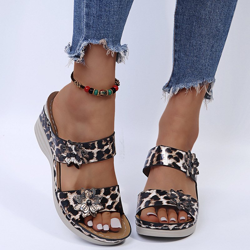 New Leopard Print Leather Wedge Soft Sole Sandals