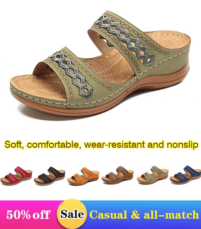 Leather Embroidery Arch-Support Women Soft footbed Sandals