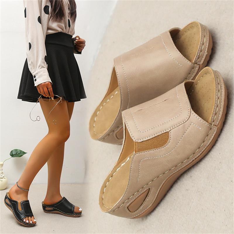 Women's Casual Summer Daily Comfort Slip On Solid Color Leather Sandals