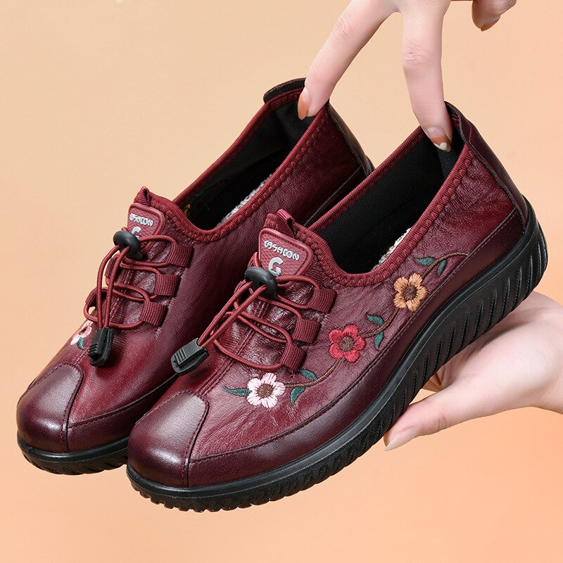 Leather Fur Moccasins Women Loafers for Elderly Female