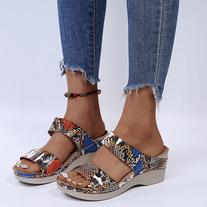 New Leopard Print Leather Wedge Soft Sole Sandals