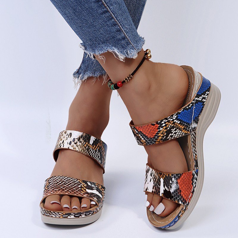 New Leopard Print Leather Wedge Soft Sole Sandals