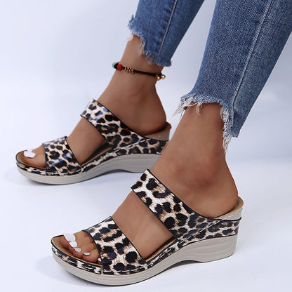 New Leopard Print Leather Wedge Soft Sole Sandals