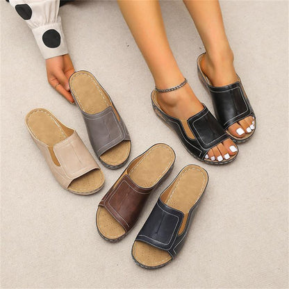 Women's Casual Summer Daily Comfort Slip On Solid Color Leather Sandals