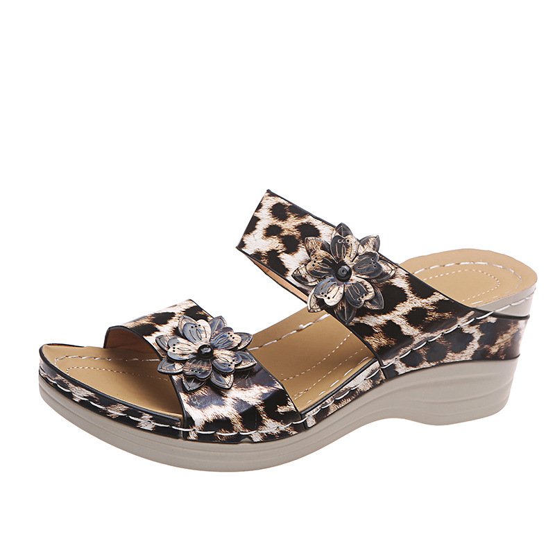 New Leopard Print Leather Wedge Soft Sole Sandals