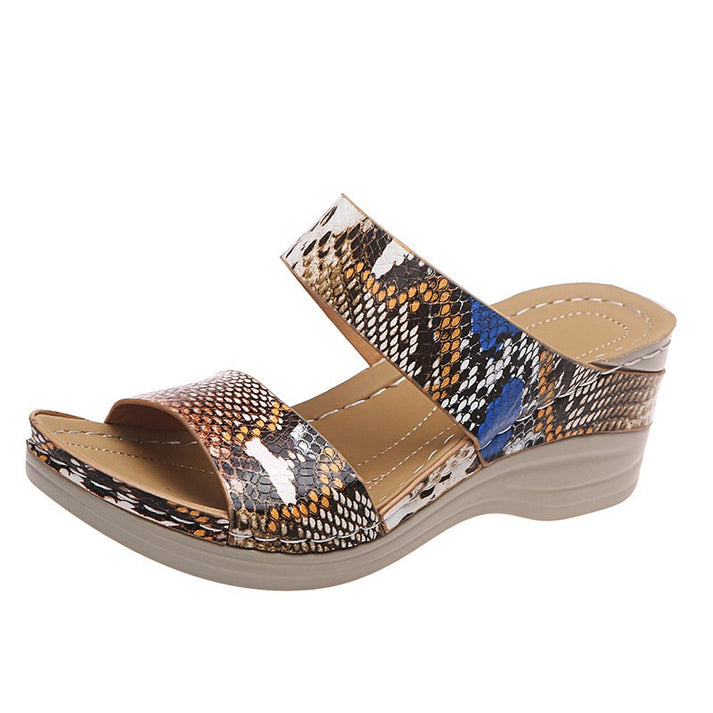 New Leopard Print Leather Wedge Soft Sole Sandals