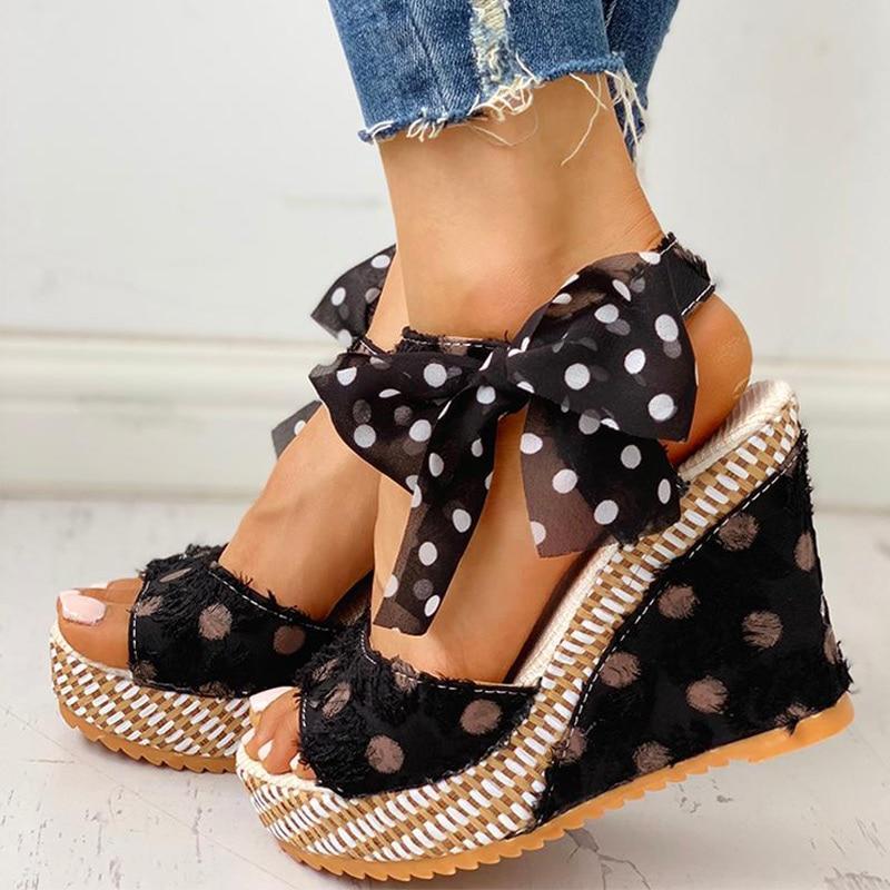 Dot Bowknot Design Platform Wedge Sandal