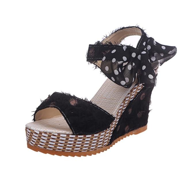 Dot Bowknot Design Platform Wedge Sandal